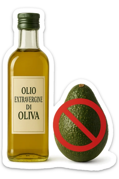 BOTTIGLIA DI OLIO EVO CON LA SCRITTA "OLIO EXTRAVERGINE DI OLIVA" SULL'ETICHETTA E AVOCADO CON DIVIETO SOPRA,  iperrealistico 4k sticker