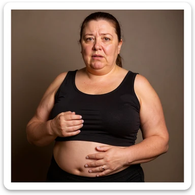 Make the image more realistic inspired by the reference photo: a woman with a lot of cellulite, visible face with a desperate and tired expression, identical pose to the photo, very detailed skin and shadows, neutral background. sticker