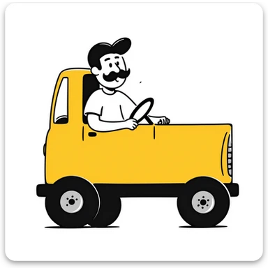 a bald truck driver with a mustache and a baseball cap, driving a yellow semi sleeper truck sticker