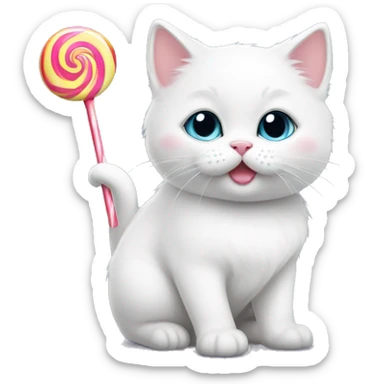 Cute chubby white kitten with lollipop sticker