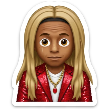Lil Wayne with long dark blonde hair, red sequin outfit sticker