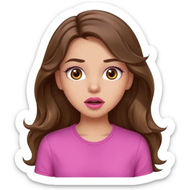 girl with long wavy brown hair, brown eyes, light to medium complexion, in a pink shirt, pink lips, long lashes, surprised, wow sticker