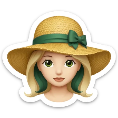 light beige women's straw hat with large brim and dark green bow sticker