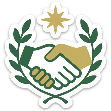 partnership icon, classic look, green gold and white color scheme, elegant lines, decorative details, no background sticker