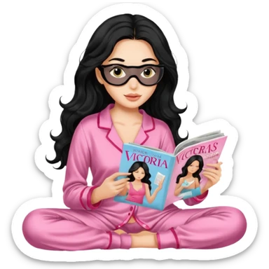 Capelli lunghi e mossi neri indossa pigiama di Victoria's Secret legge Magazine fashion ,ha la pelle chiara e nel mentre indossa una maschera in tessuto Skin Care sticker