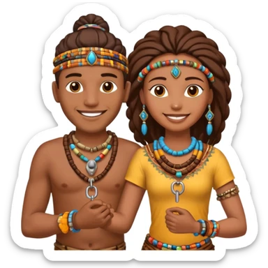 A happy tribal man holding hands with a happy tribal woman wearing a lock sticker