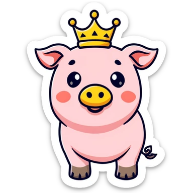 cute pig with a golden crown, chunky, colorful, simple, playful sticker