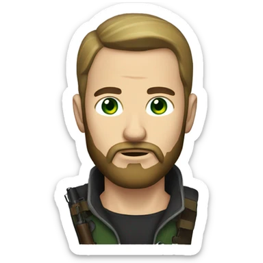 man with beard and short hair green eyes bandit gun sticker