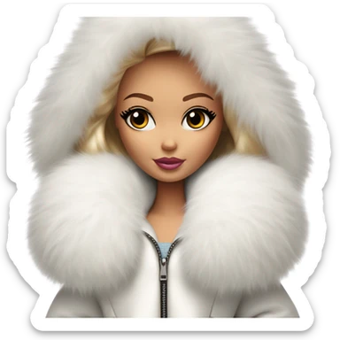 Barbie looking emoji  in an extremely big fluffy oversized white fur coat with hood on. The fur is real and it’s very obvious big and fluffy like in Pinterest  sticker