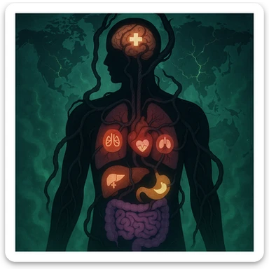 semi-realistic, medical-fantasy style human silhouette, parasite tendrils reach organs, each organ with a colored glow and a small medical icon, world map, glowing cracks, green mist sticker