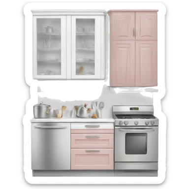 Realistic front facing white and rose silver hanging kitchen cabinets  sticker
