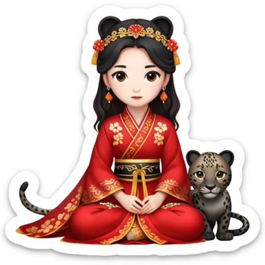 A beautiful girl in red Hanfu wedding dress sits on the ground holding a black leopard sticker
