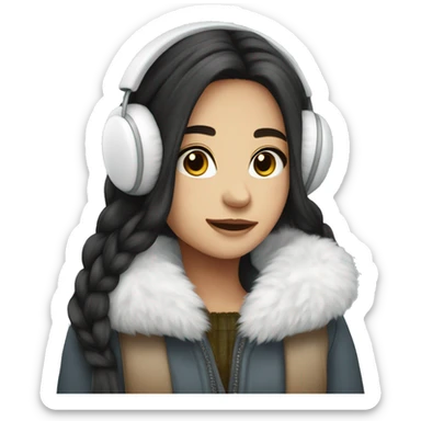 Winter girl long dark hair white cozy earmuffs  sticker