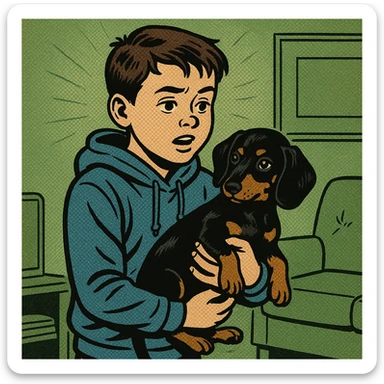 A modern day 10 year old wearing a blue hoodie with a black and tan puppy dachshund in a green living room sticker