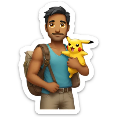 indian men in 30s carrying pikachu on shoulder sticker