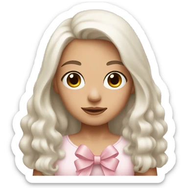 Girl with long white hair and brown eyes with a light pink bow holding a teddy bear  sticker