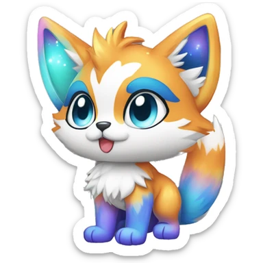 a colorful shiny sparkle-furry fur-sona kemono-style-chibi-style cat-fox-Fakémon-hybrid full body sticker