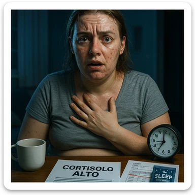 hyperrealistic 4K detailed image of a woman with PCOS and high cortisol, face with acne, chin hair, thin hair, very stressed facial expression, wide open eyes with dark circles, visible forehead sweat, hand on chest as if feeling rapid heartbeat, abdominal fat accumulation, on the table in front of her a paper with the text 'CORTISOLO ALTO' and a report with cortisol values highlighted in red, clock showing 3 AM, empty coffee cup, sleep supplement package, nighttime home environment with cold blue light sticker
