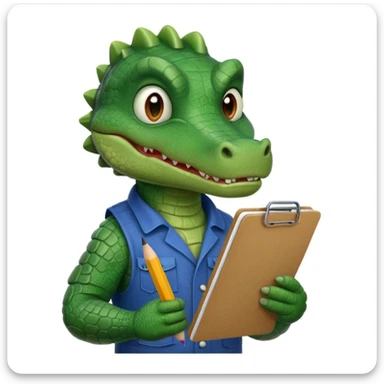 A gator with a serious face holding a clipboard and a pencil, offwhite background sticker