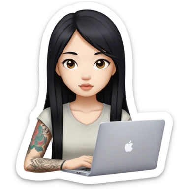 beautiful girl, with tattoos, with long black hair, straight hair, chinese, with laptop sticker