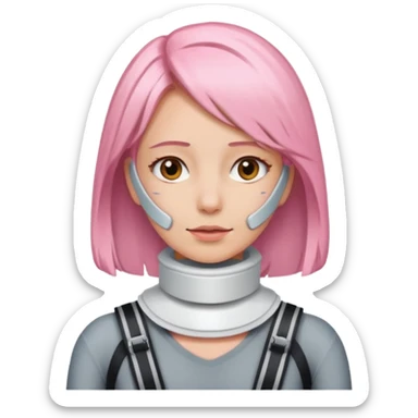 Woman with light pink shoulder length hair and neck brace sticker