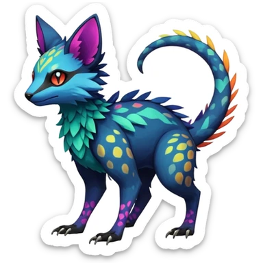 Rare realistic dark edgy badass epic pretty beautiful handsome gorgeous aesthetic colorful vibrant Vernid-Trico-species-Fakemon-creature by LiLaiRa, 4 legs, 1 tail, random markings, (full body) sticker