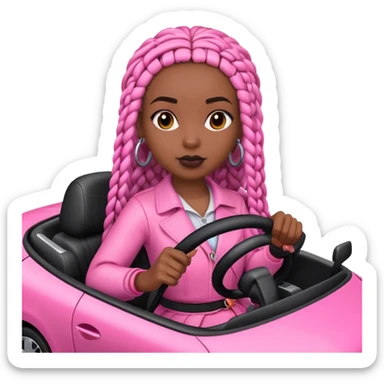 A dark-skinned Black woman with black box braids, driving a pink car sticker
