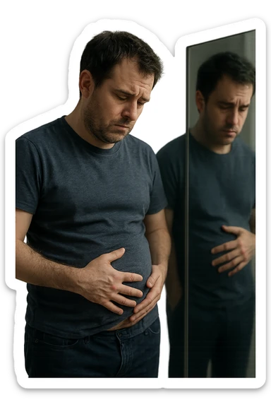 uomo che si guarda allo specchio triste mentre si tocca la pancia, pensieroso, iperrealistico 4k sticker