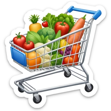 full grocery cart with plastic packed meat, vegetables and fruits sticker