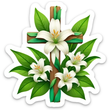 A wooden cross with white lilies around the bottom.. No lilies on the centre of the cross.  sticker