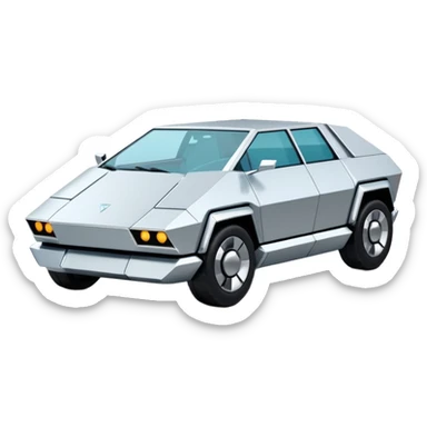 A futuristic chrome car emoji, sharp geometric body design inspired by cybertruck aesthetics, smooth silver metallic surface, matte and glossy chrome mix, minimal details, soft reflections, clean edges, iOS emoji style, centered, clean white background, soft studio lighting, no text sticker