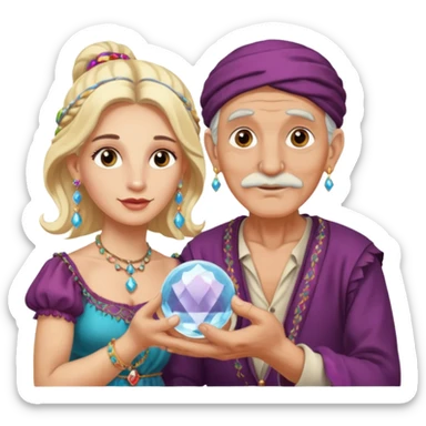 Elderly cleanshaven male gypsy with earrings and blonde female gypsy holding a crystal ball sticker