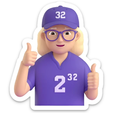 Man with black and white cap, purple sports jersey with number 32, clear glasses, light blond mullet hairstyle, thumbs up sticker