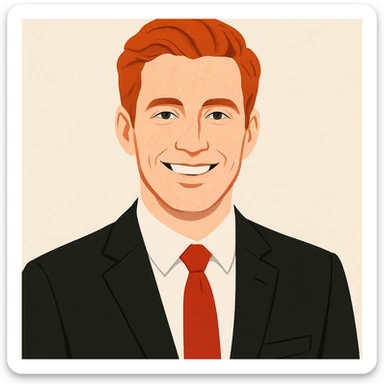 red-haired man in a black suit with a red tie, smiling at the camera, clean modern illustration style sticker