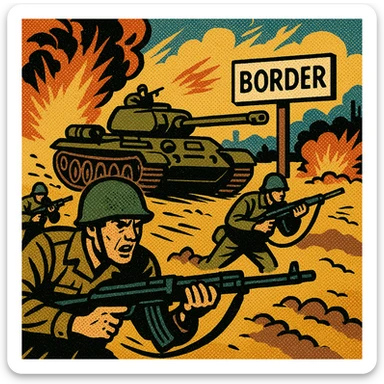Military tanks and troops with machine guns invading another country in the middle east.  There is a sign saying 'border' in the background and explosions in the background. sticker