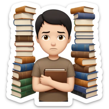 generate a pretty bratz fair skinned boy with short black hair wearing a brown tshirt surrounded by books n looking very sad sticker