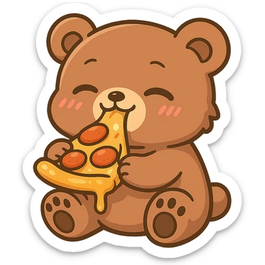 Transform the anime style bear eating pizza into chibi style with exaggeratedly cute proportions, keeping no background. Maintain the anime aesthetic while emphasizing cuteness and chibi proportions. sticker