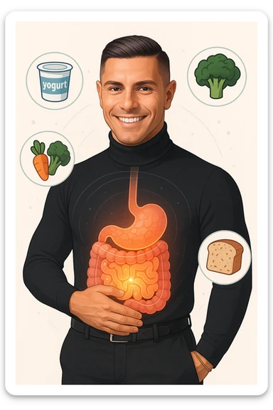 a fit, smiling man stands confidently with one hand on his abdomen. A transparent overlay reveals a healthy, detailed digestive tract with a glowing, vibrant intestine. Around him, icons of healthy foods like yogurt, vegetables, and whole grains float, symbolizing good gut health. The background is clean and bright, with an educational mood. sticker