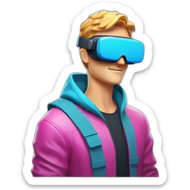 NFT emoji of Caucasian male wearing VR goggles, upper body sideways pose facing right. Bold outlines, vibrant colors, futuristic/techy style. Simple background. sticker
