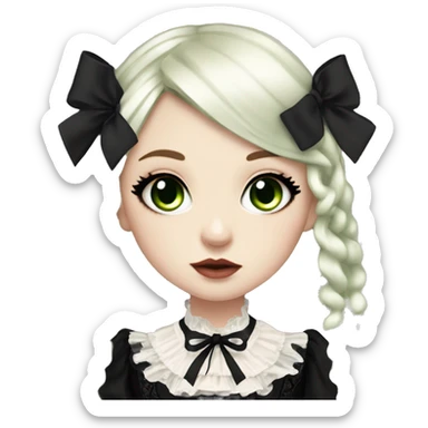 pale woman with long black hair and, pale lips and eyeshadow, long eyelashes, green eyes, black Lolita dress with laces and ribbons, gothic Lolita doll look sticker