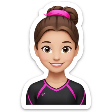 Happy female gymnast with brown hair in a neat bun, wearing a black uniform with neon pink elements. sticker
