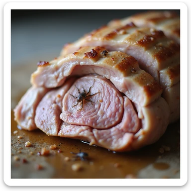 close-up of cooked pork meat slice, anatomical details showing survival of some parasites, neutral background, 4K quality sticker