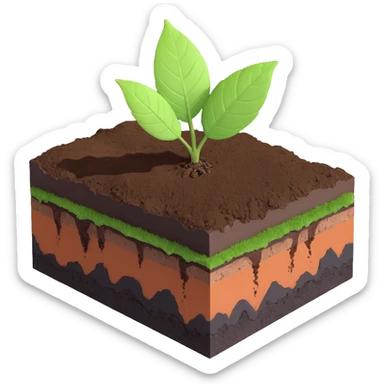 A fresh green leaf resting on the surface of a cross-section of the Earth, where soil and underground layers are visible beneath. Natural lighting, realistic textures. sticker