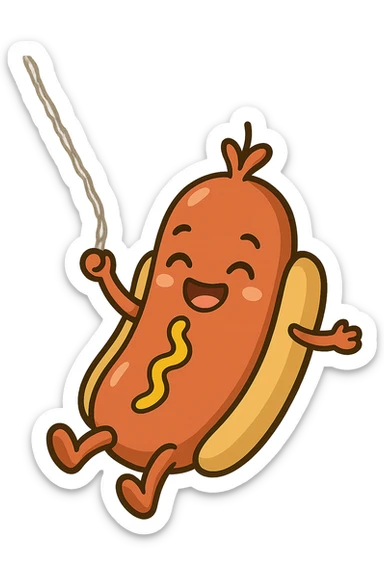 Edit the image so that the web is coming out of the hot dog's head while swinging. No background. sticker