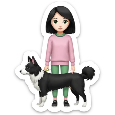 full body girl with side parted long black hair, wearing a light pink and green sweater, carrying a black and white border collie with perked ears sticker