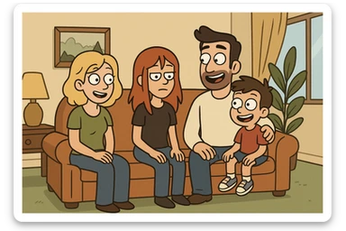 a family in a cozy living room, cartoon style sticker