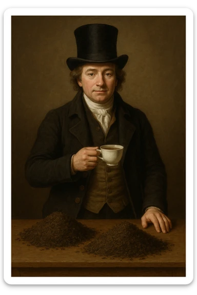 Сгенерируй мне британского предпринимателя 18 век, собирательный образ, в цилиндре, на однородном фоне. Он должен полностью помещаться в экран и не касаться краев изображения, и не обрезаться ими Он стоит за столом, на столе большие кучи росыпью чай, а сам он держит кружочку чая В СТИЛЕ РЕАЛИСТИЧНОЙ ЖИВОПИСИ sticker