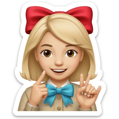 Cara sonriendo con un lazo y una mano mordiendose un dedo sticker