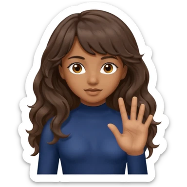 Uzun kahverengi dalgalı saçlı kahverengi gözlü esmer perçemli üzerinde lacivert parmak detaylı body olan bir kız yap sticker