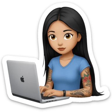 beautiful brown girl, with tattoo, with the long black hair, straight hair, chinese, with laptop sticker